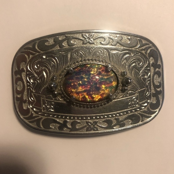 VTG Glass Opal Simulated Cabochon Floral Etched Silver Tone Buckle 2.8” x 1.7” - Picture 3 of 7